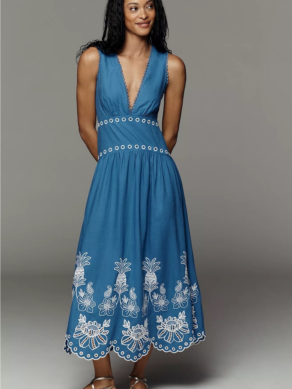 NWT FARM RIO x ANTHROPOLOGIE Linen Cutwork Midu Dress